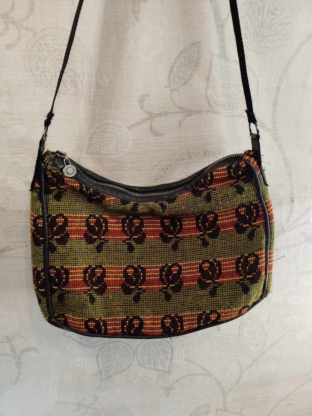 Olive Green, Black And Red Patterned Woven Shoulder Bag
